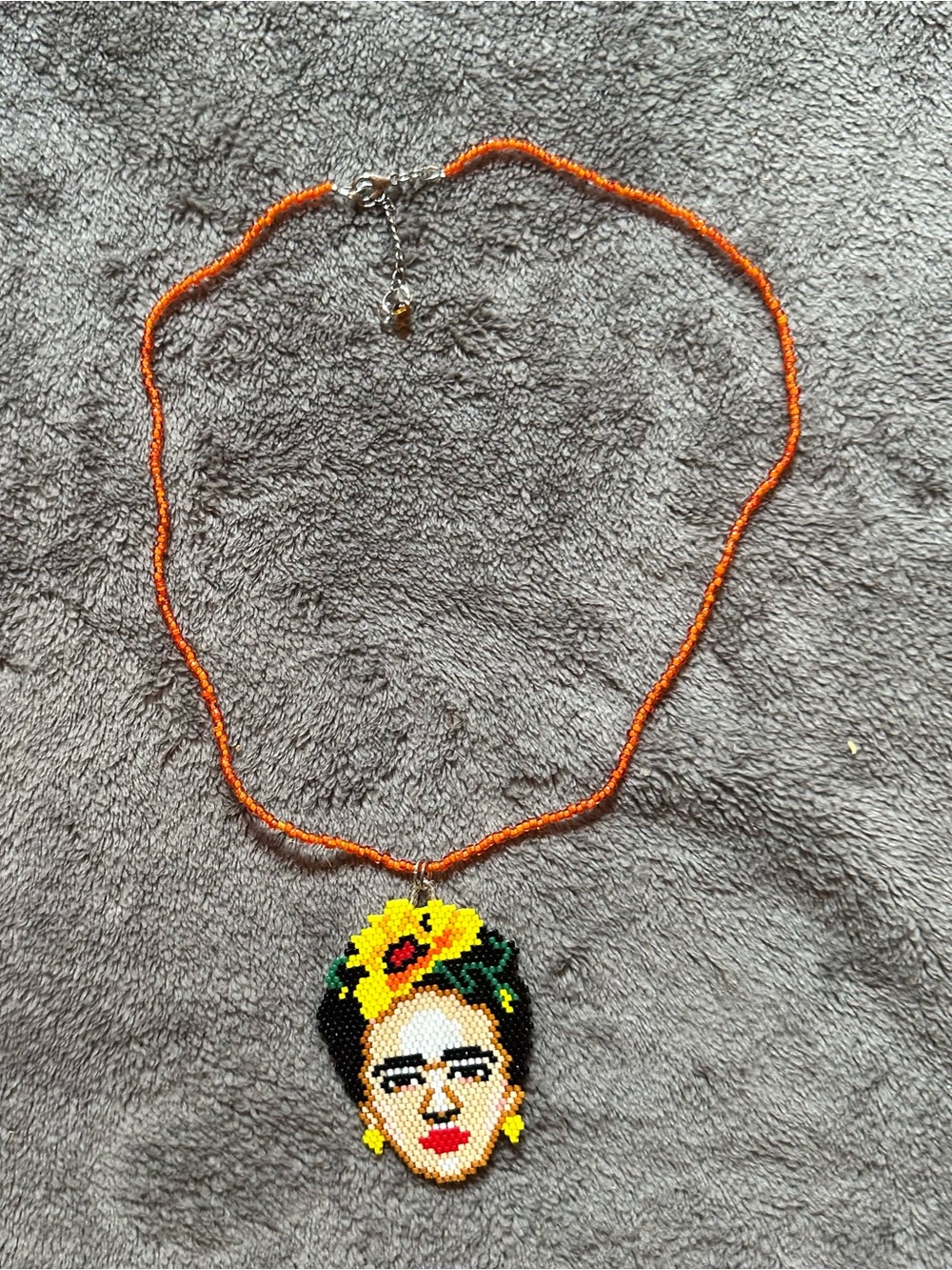 Frida Kahlo Handmade Seed Bead Portrait Necklace Orange Mexican Folk Art Style